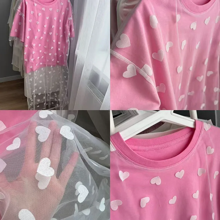Long Mesh T Shirt Dress For Women Short Sleeve Heart Tulle Fake Two Piece Dresses WOmen's White Loose Maxi Dress With Heart Red