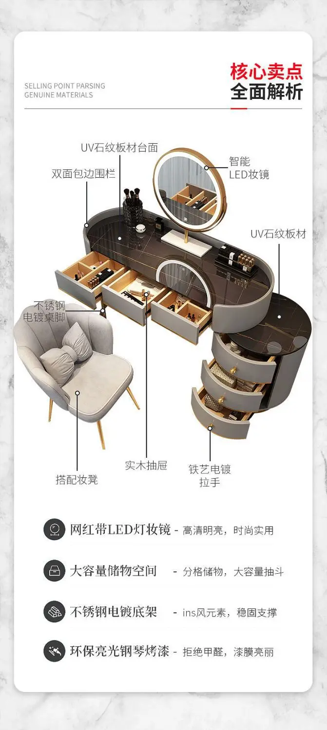 Description Picture 5 of itemModern Vanity Desk Dresser Table LED Mirror Home Bedroom Dressing Table Density Board Makeup Table with Vanity Bedroom Furniture