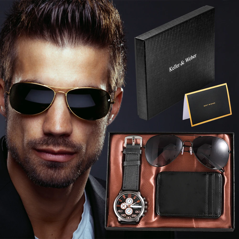 Watch for Men Luxury Business Quartz Wristwatch Black Gifts for Men Husband Boyfriend Sunglasses Card Holder Relogio Masculino
