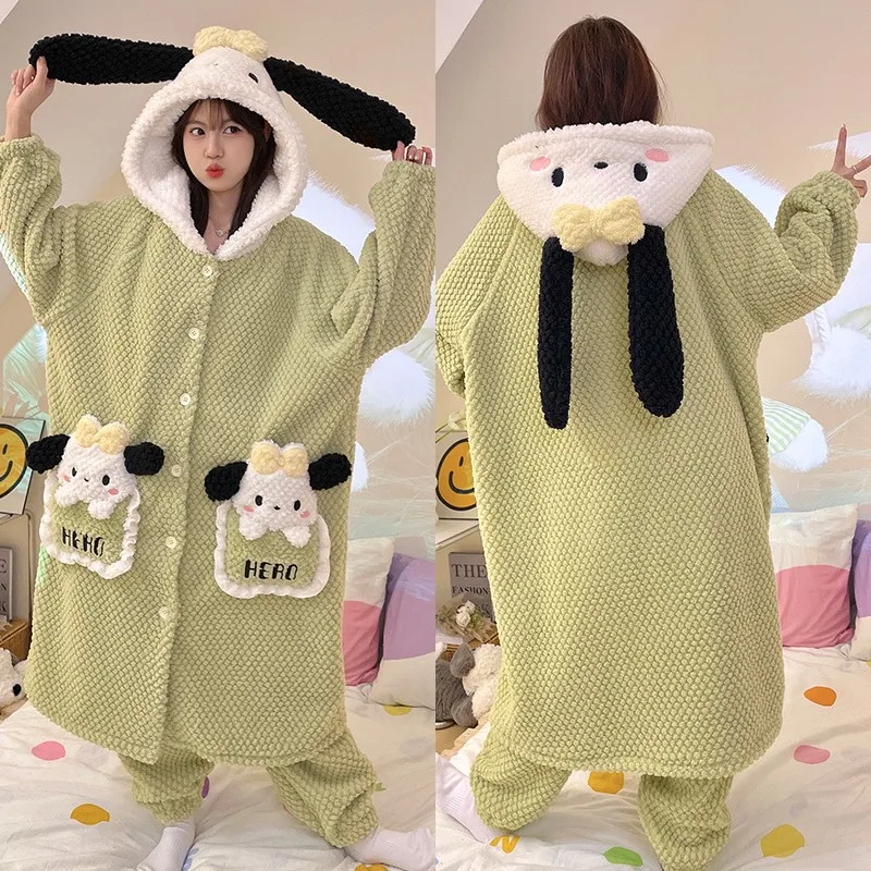 Sanrios Cartoon Kuromi Pochacco Plush Pajamas Anime Cinnamoroll Nightwear Suit Winter Kawaii My Melody Homewear Hooded Sleepwear