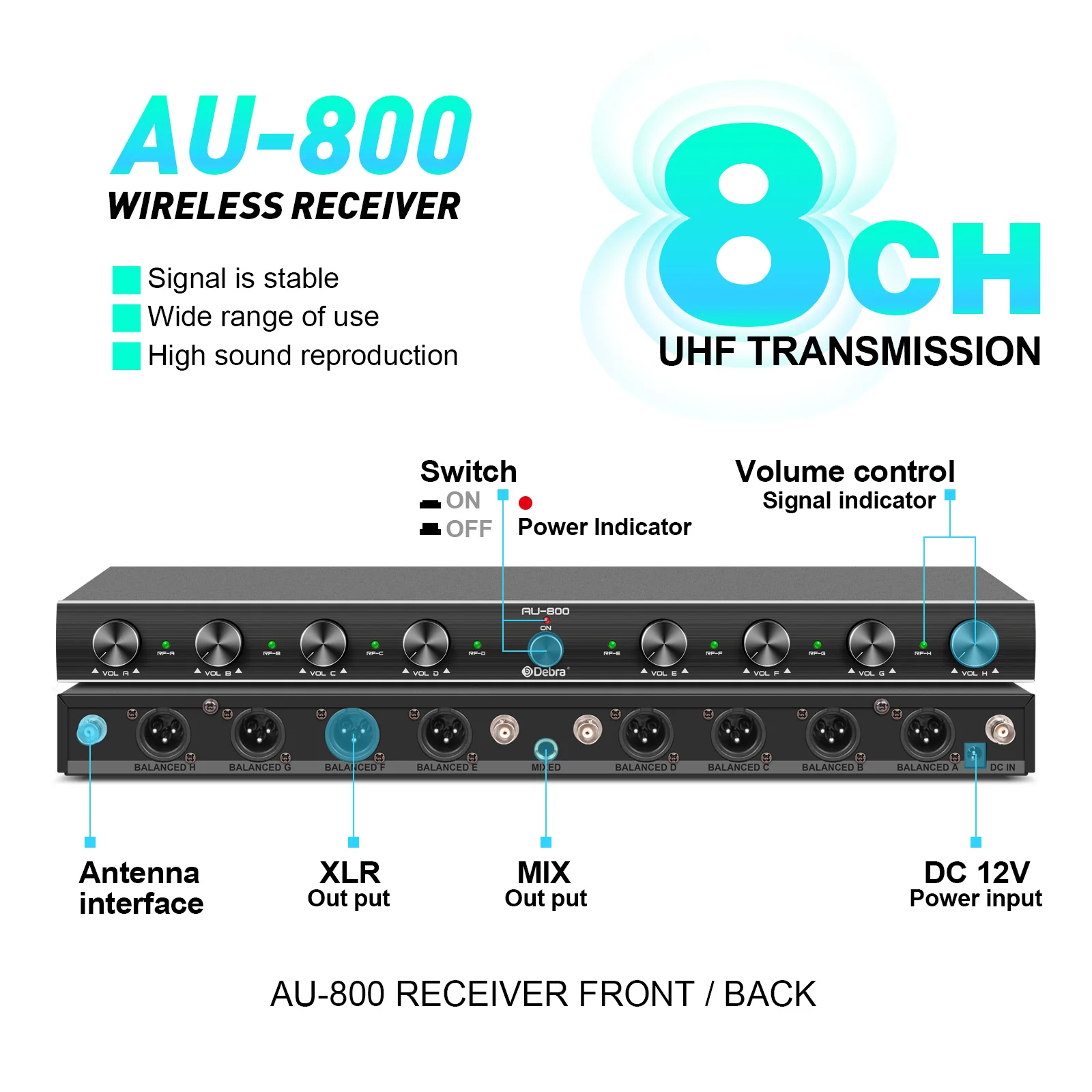 Audio AU800 UHF Wireless Microphone System 8 Channels Handheld or Lavalier Unlim