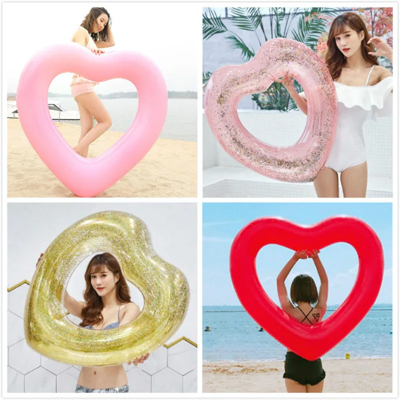 

Pink Sequins Feather Heart Swimming Ring Inflatable Float Loving Heart Adult Child Swim Ring Circle Summer Party Water Toys