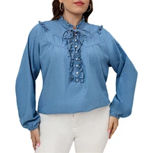 

Denim Shirt Plus Size Women Clothing New Fashion Lotus Leaf Tie Pearl Denim Top Blue Loose Lace Tie Sleeve Denim Shirt Blouse