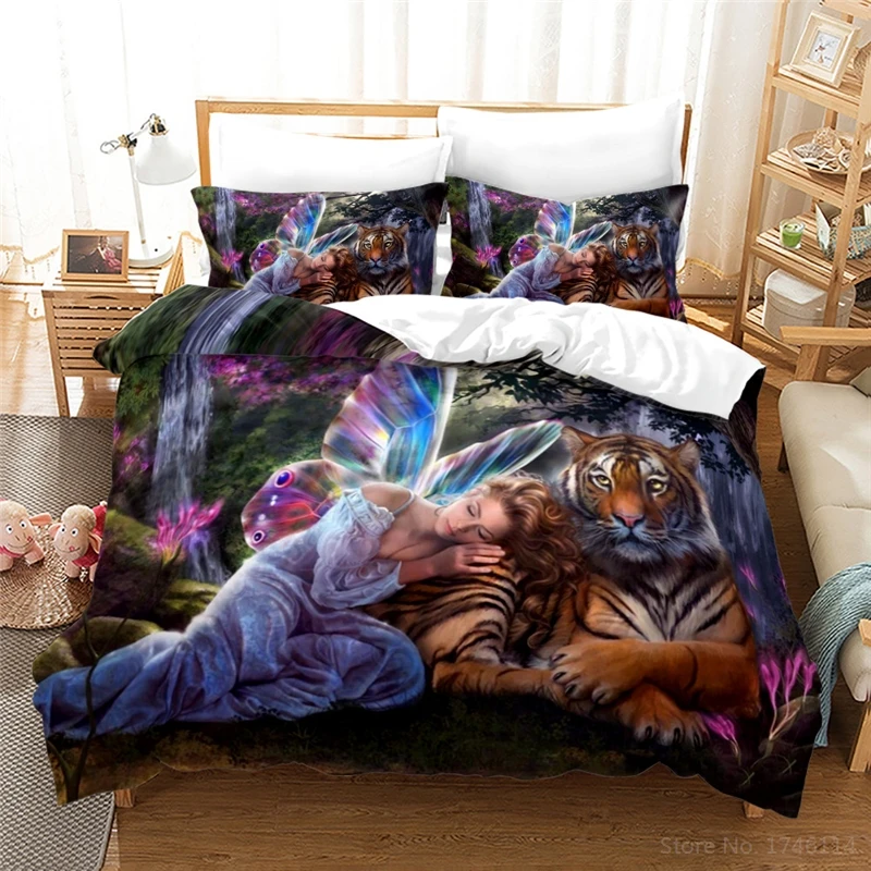 

Tiger Animal & Pretty Angel Girl 3D Print Bedding Set Queen King Duvet Cover Set Quilt Cover with Pillowcase for Bedroom Decor