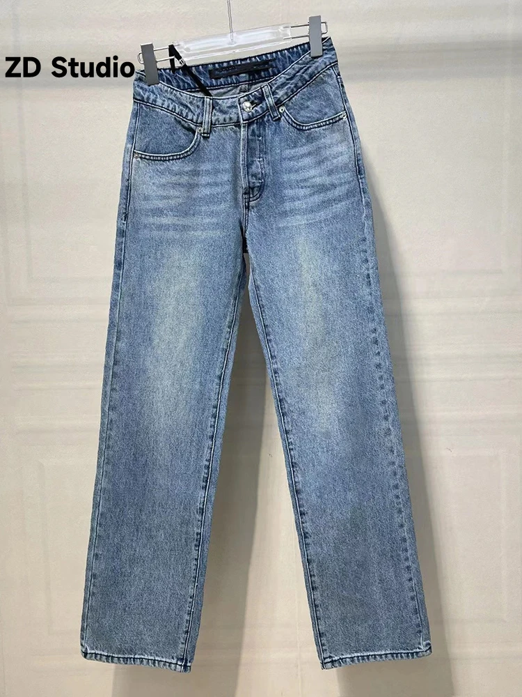 

[ZD Studio] 2023 Spring And Autumn New Washed Blue Jeans Diagonal Belt Mid-waist Pants Tied Irregular Pants Women