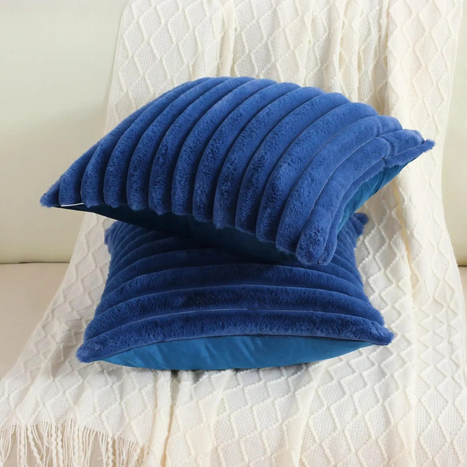 Luxurious Faux Rabbit Fur Striped Cushion Cover – Super Soft Solid Color (24×24 inch)