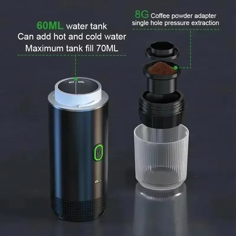 Portable Coffee Machine 3-in-1 Wireless Electric Espresso Coffee Maker Capsule Powder Travel Camping Maker