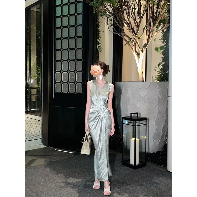 

Женское атласное платье с поясом Harajpoo, длинное приталенное платье во французском стиле высокой моды, подчеркивающее нишевое дизайнерское платье на лето