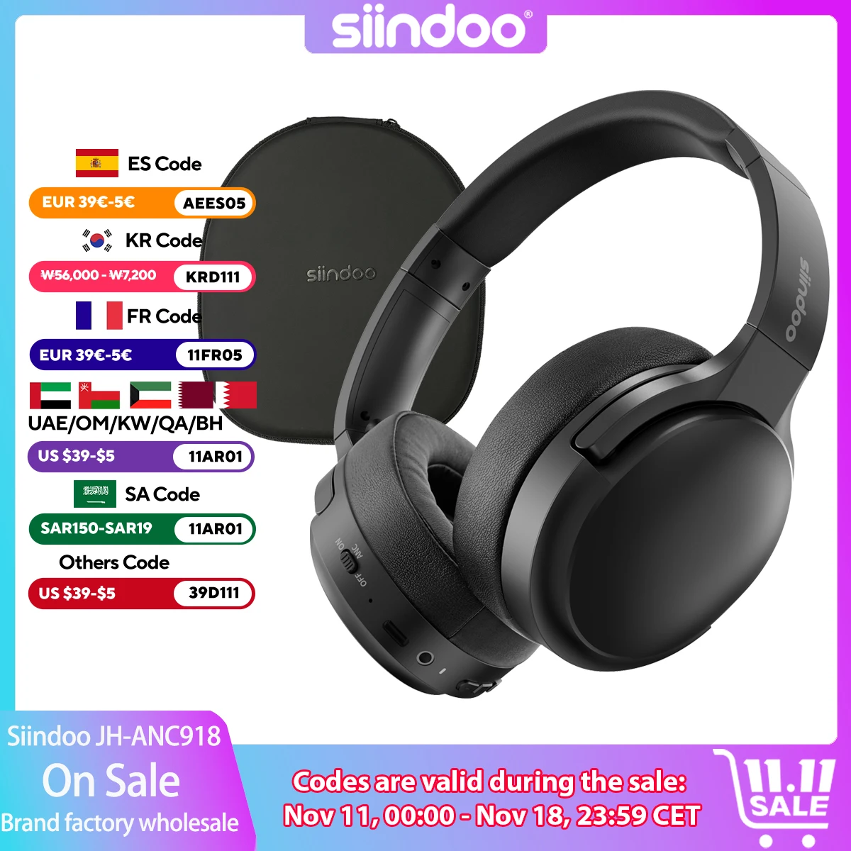 Siindoo ANC918B 액티브 노이즈 캔슬링 무선 헤드폰, 마이크 포함, 하이..