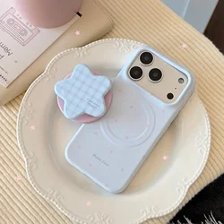 Korean Blue Grid Pattern Stars Magnetic Bracket Phone Case - Shockproof Protective Soft Cover - iPhone 15 (With holder)