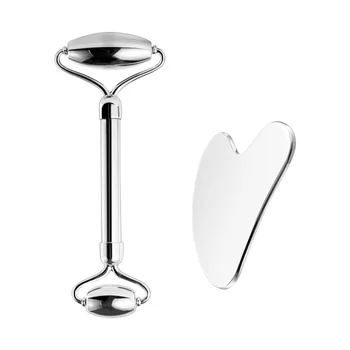 Set di Rullo Facciale e Strumento Gua Sha in Acciaio Inossidabile, Attrezzi di Bellezza in Metallo per Corpo, Viso, Collo e Occhi