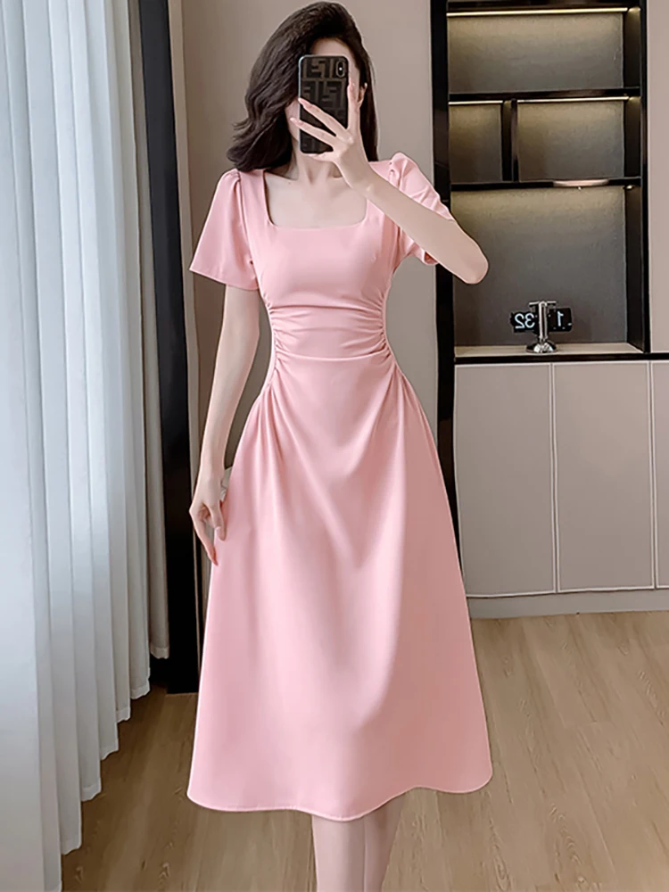 

Women Pink Short Sleeve Square Collar Midi Dress Summer Fashion Pleated Bodycon Dress 2024 Korean Eelgant Casual Festival Dress