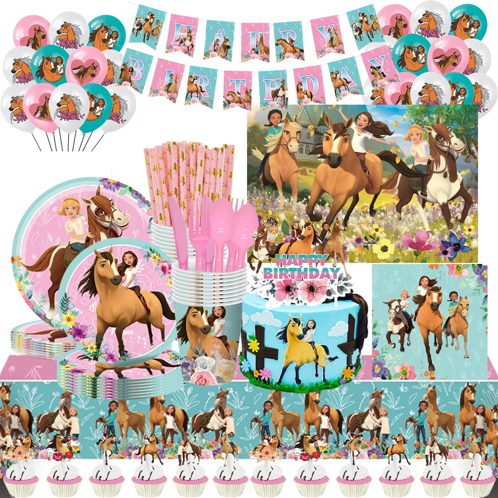 

Cartoon Spirit Riding Horse Birthday Party Decor Disposable Tableware Balloon Plate CupCake Topper Background Gift Party Supplie