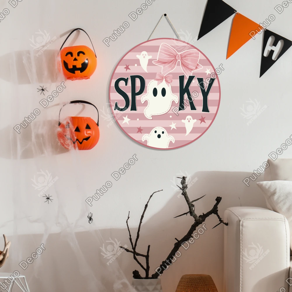 

Putuo Decor Halloween Decoration Wooden Sign, Halloween Hey Boo Spooky Gift, Wall Decor for Home , 11.8 X 11.8 Inches