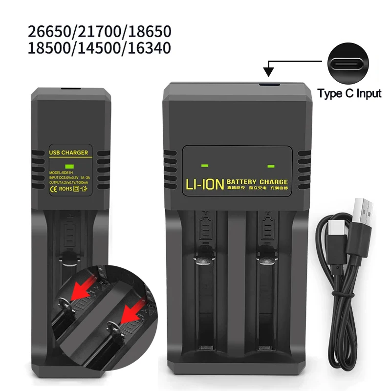 Chargeur Batterie Lithium 18650 21700 26650 1/2 Slots USB