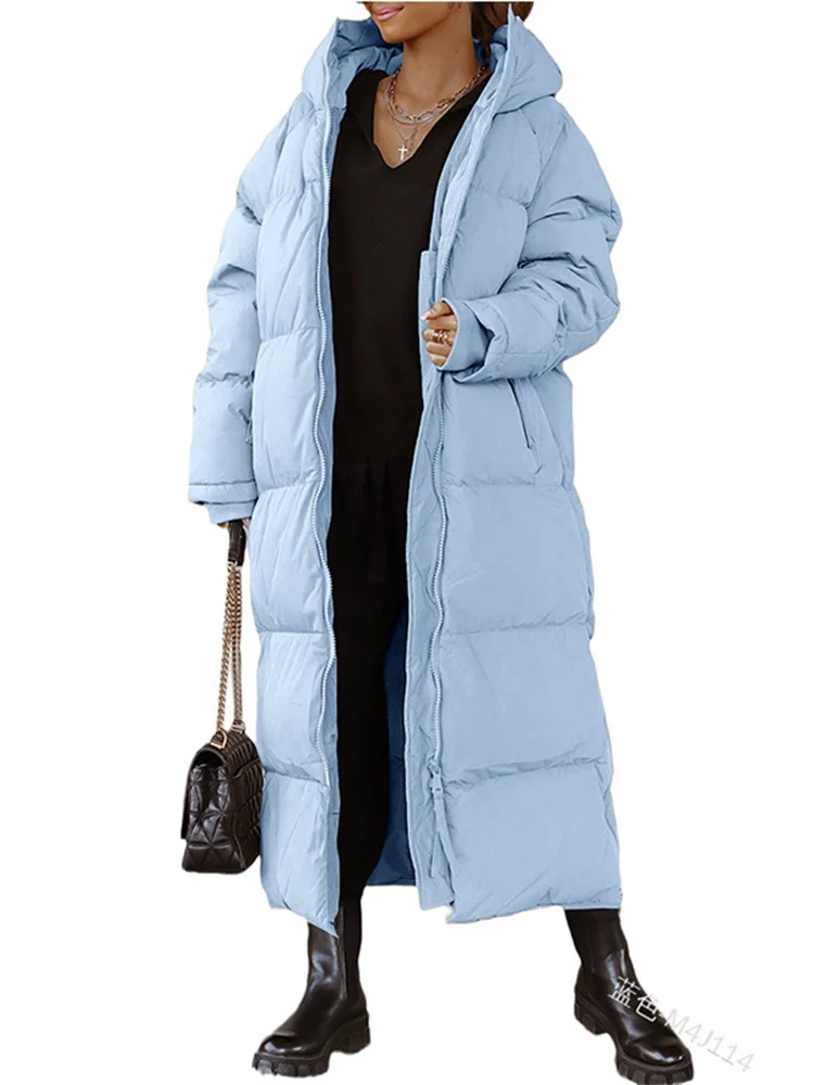 Wmstar Women Coat New Winter Thickened Loose Style Long Sleeve Solid Color Windproof Warm Hooded Down Cotton Padded Long Jacket
