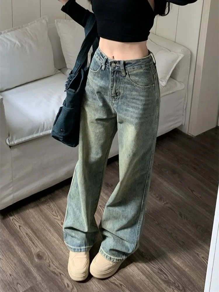 QWEEK Y2k 여성용 헐렁한 와이드 레그 청바지, 빈티지 스트리트웨어, 워싱 데님 바지, 그런지 베이직 슬루시 블루 바지, 팜므 용수철 신제품