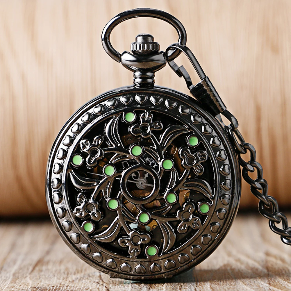 

Gold Arabic Numerals Dial Hand Winding Pocket Watch Men Vintage Black Flower Green Dots Hollow Manual Mechanical Pocket Clock