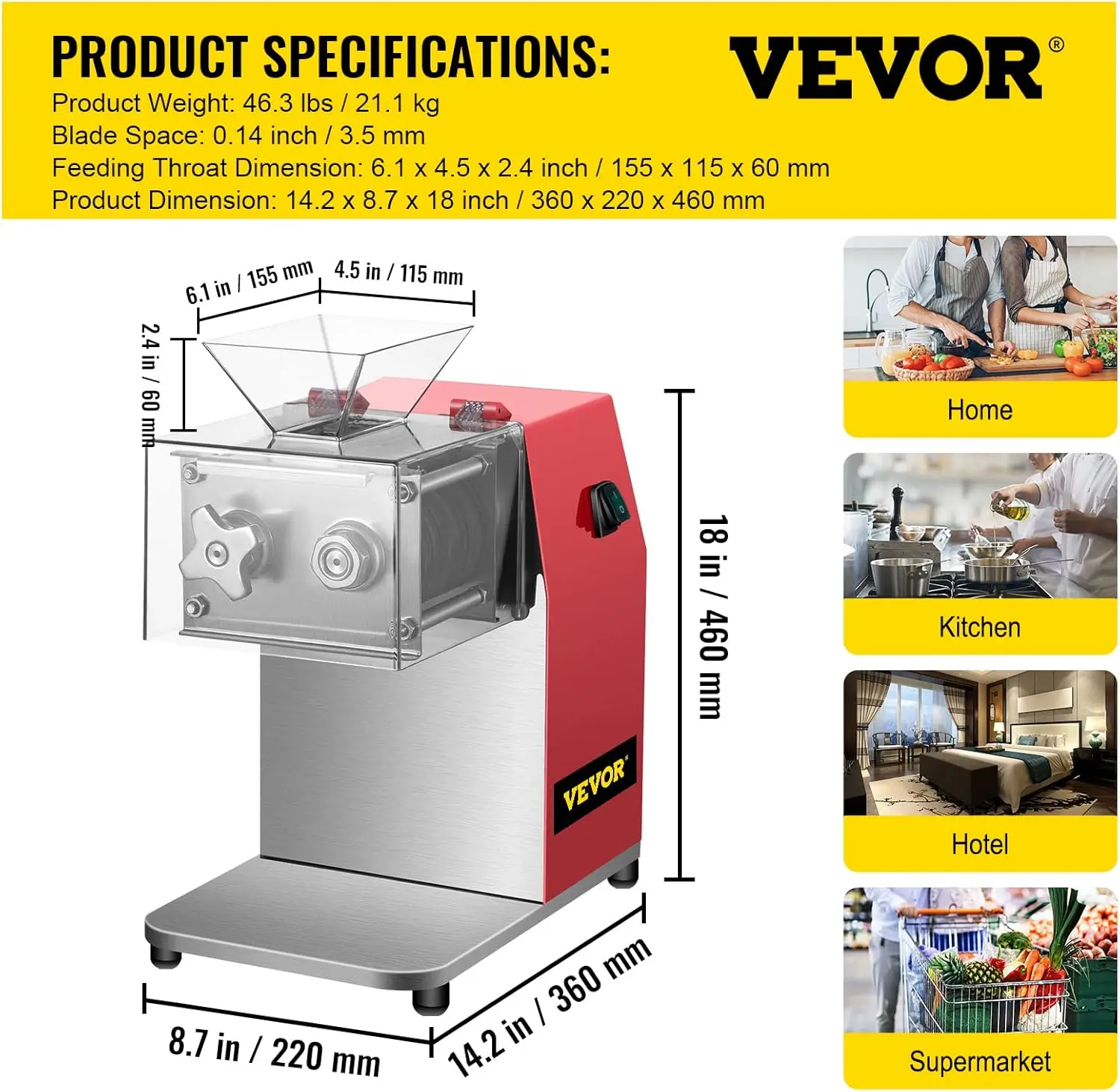 Vevor Electric Meat Slicer, 850W, 3.5Mm Blade, Stainless Steel, Cuts 551 Lbs/Hour, Ideal For Supermarkets And Kitchens, 6