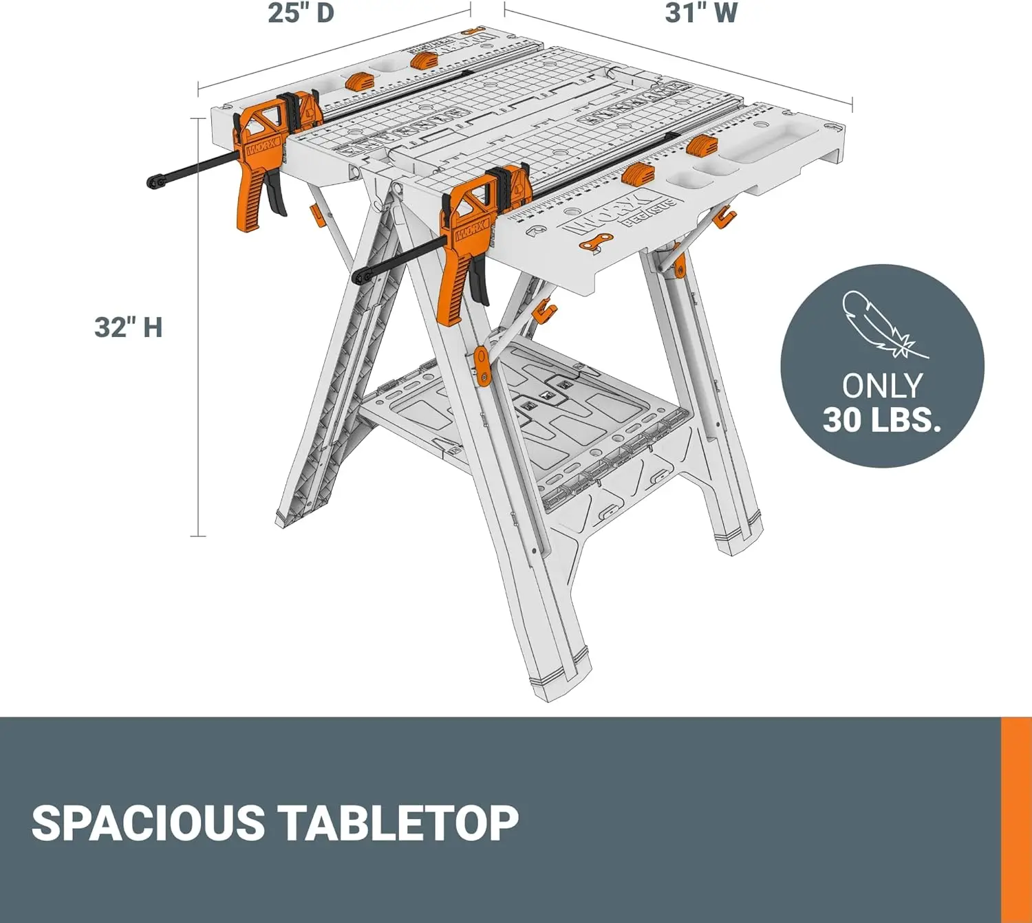 Woodworking Portable Workbench Worx Pegasus 2-in-1 Folding Work Table & Sawhorse 31" W x 25" D x 32" H Lightweight
