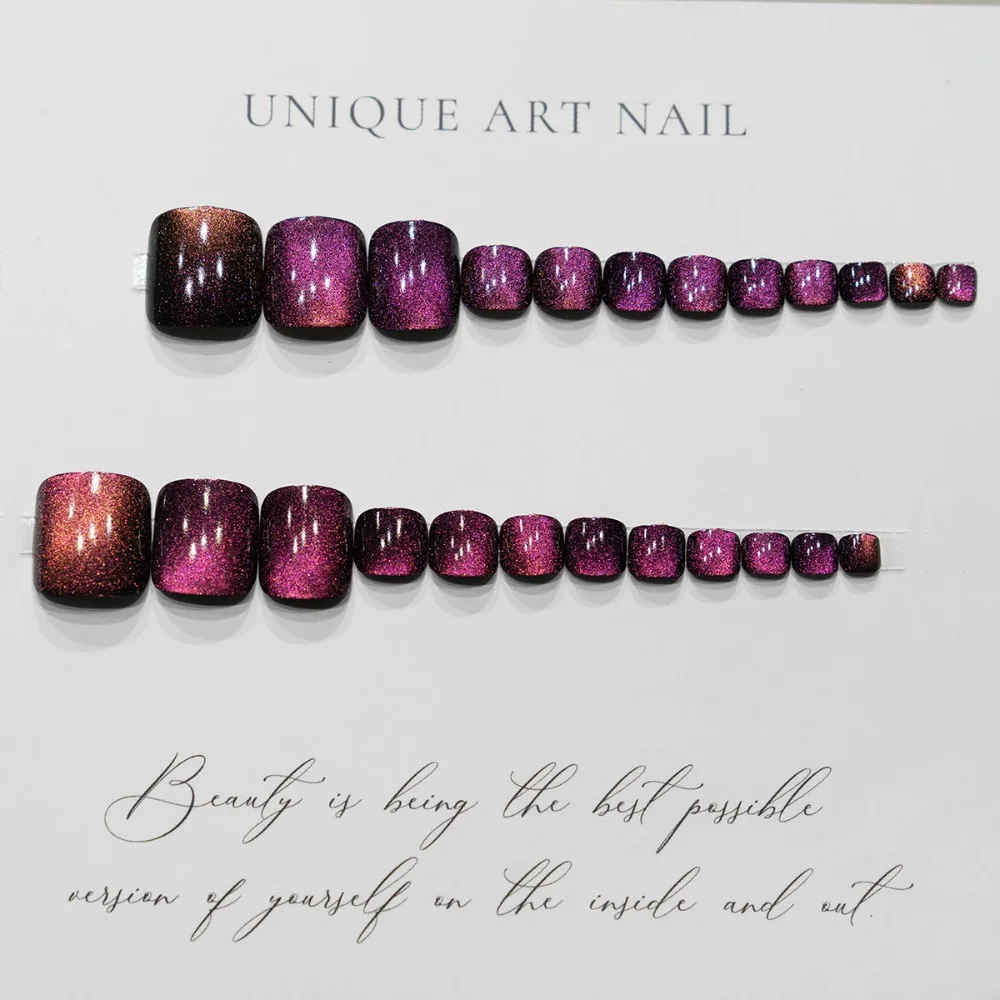 Detachable Cat's Eye Fake Toenails Short Length Square Head False Toe Nails Wearable Manicure Full Cover Press on Nails Girl