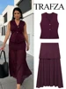 TRAFZA Women 2 Piece Set V-Neck Sleeveless Button Knitted Vest Top+Elegant Splicing High Waist Zipper Long Skirts Holiday Suits 3