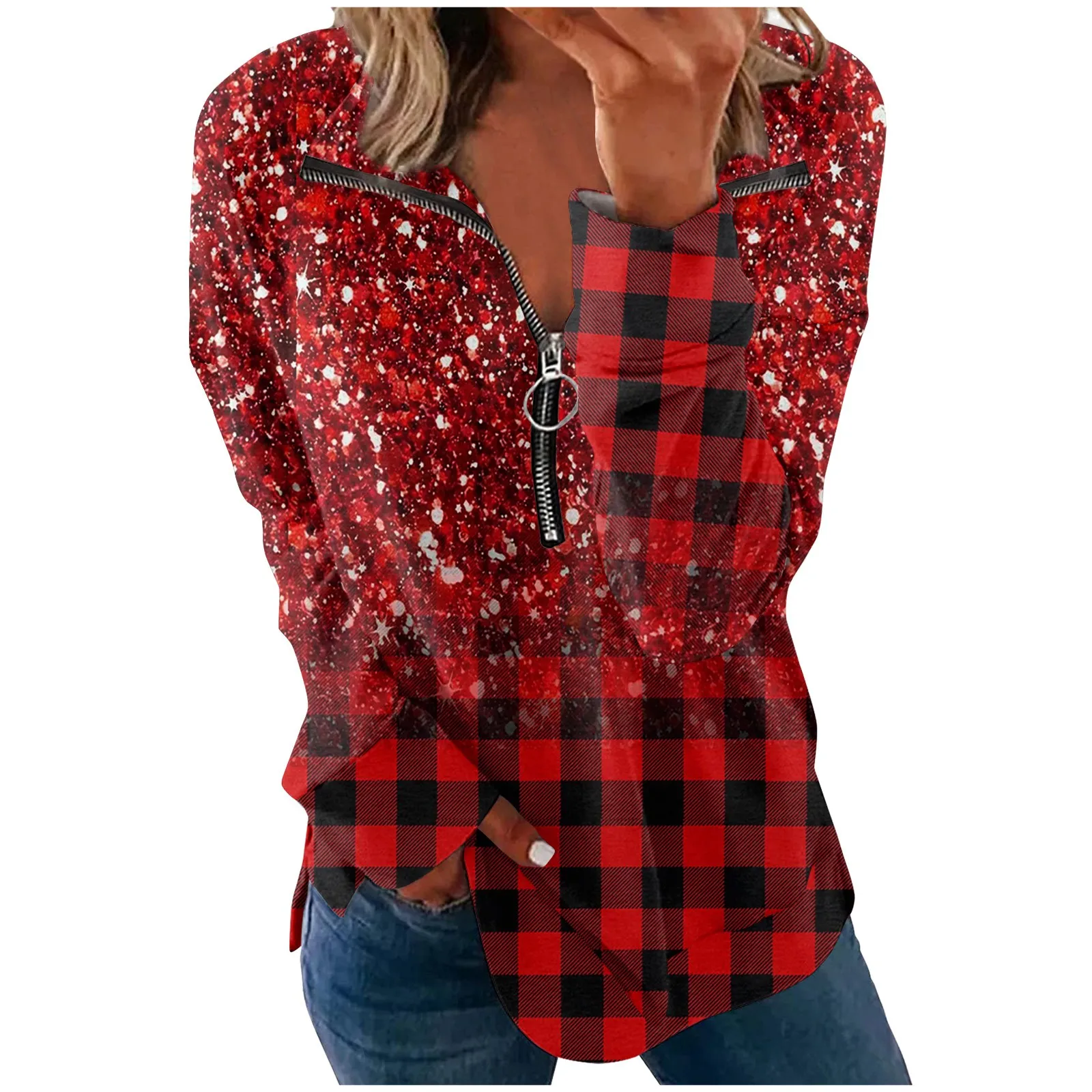 

Sweatshirt For Women Winter Warm Pullover With Half Zipper Coats Women Basic floral print Oversize Half Zip Up Sweatshirt
