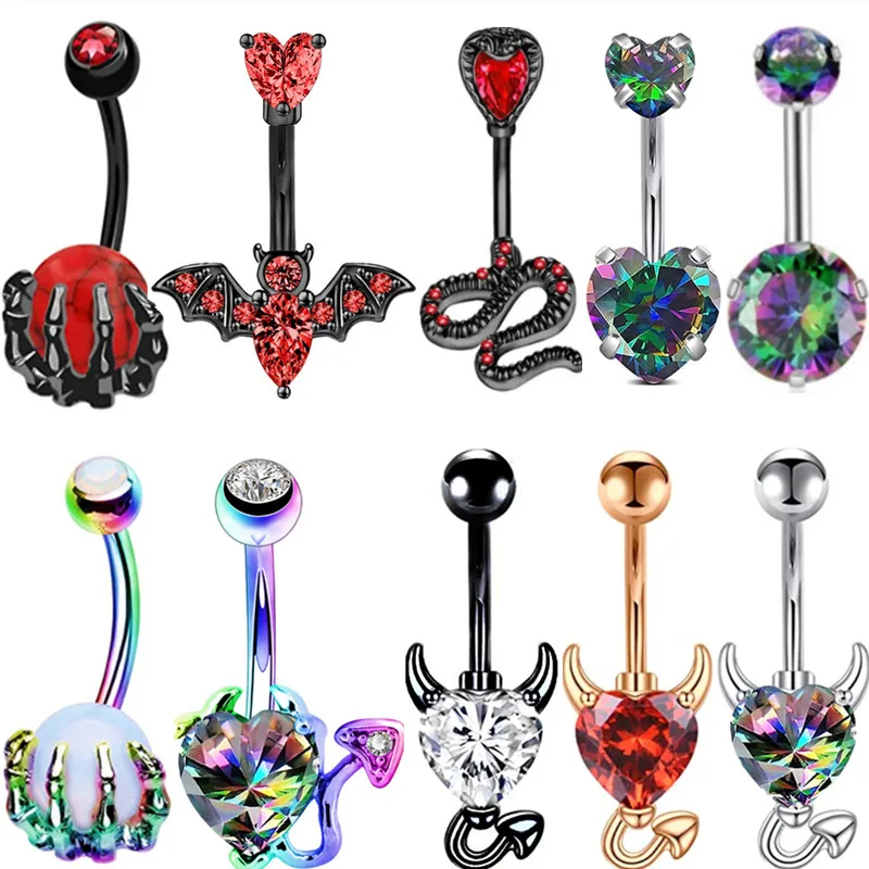 1Pc Crystal Belly Button Ring Bat Fox Piercing All'Ombelico Cuore Devil Belly Ring Snake Belly Button Piercing Ombligo Lot Gioielli Per Il Corpo
