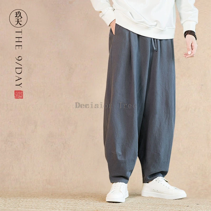 spring linen casual martial arts wushu pants wide leg pants chinese style men loose cotton linen tai chi dao long trousers