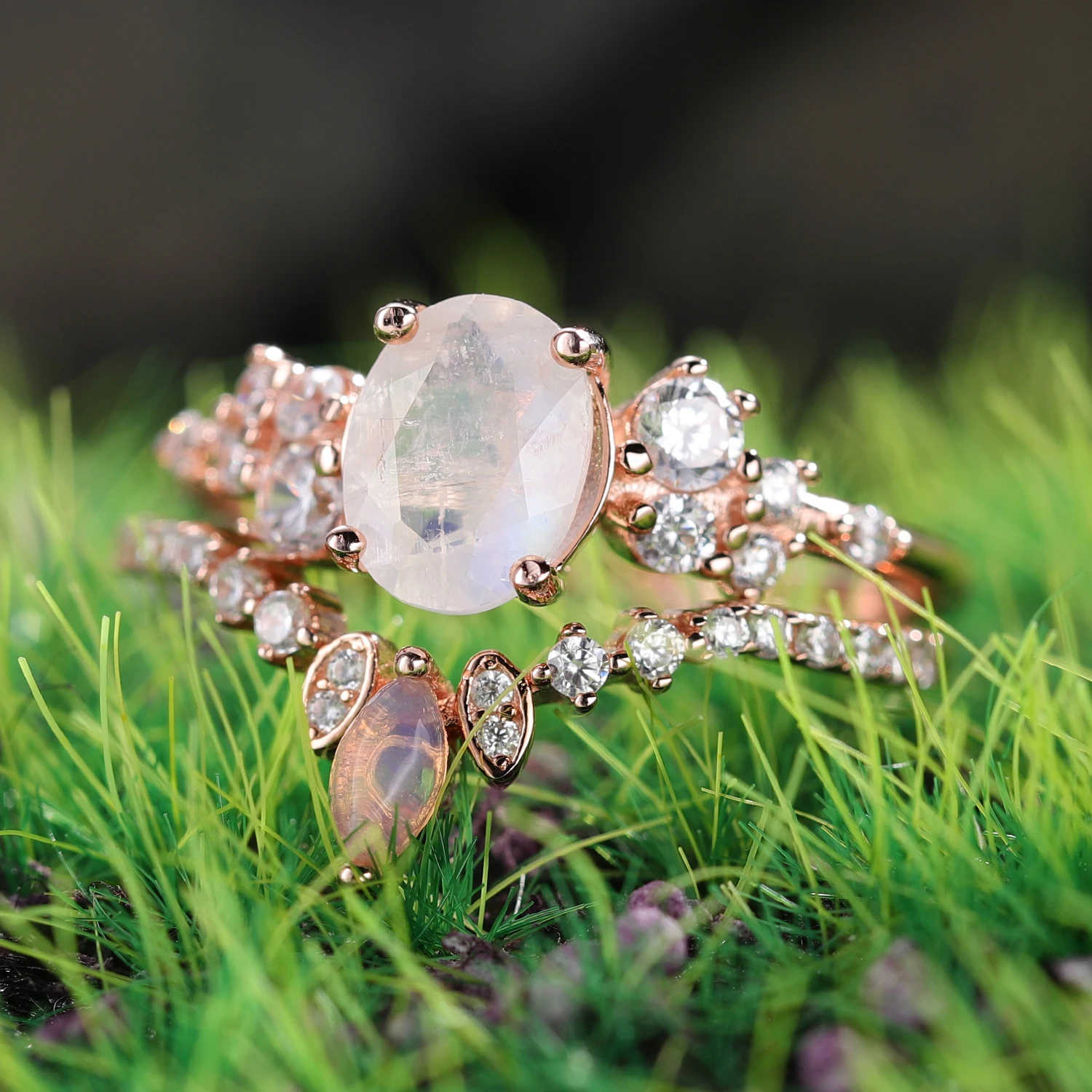 Unique Milky Blue Moonstone Bridal Engagement Ring Set Rose Gold Plated Art Deco Vintage Ethiopia Opal Ring for Women Wedding RicaFeliz • 2022