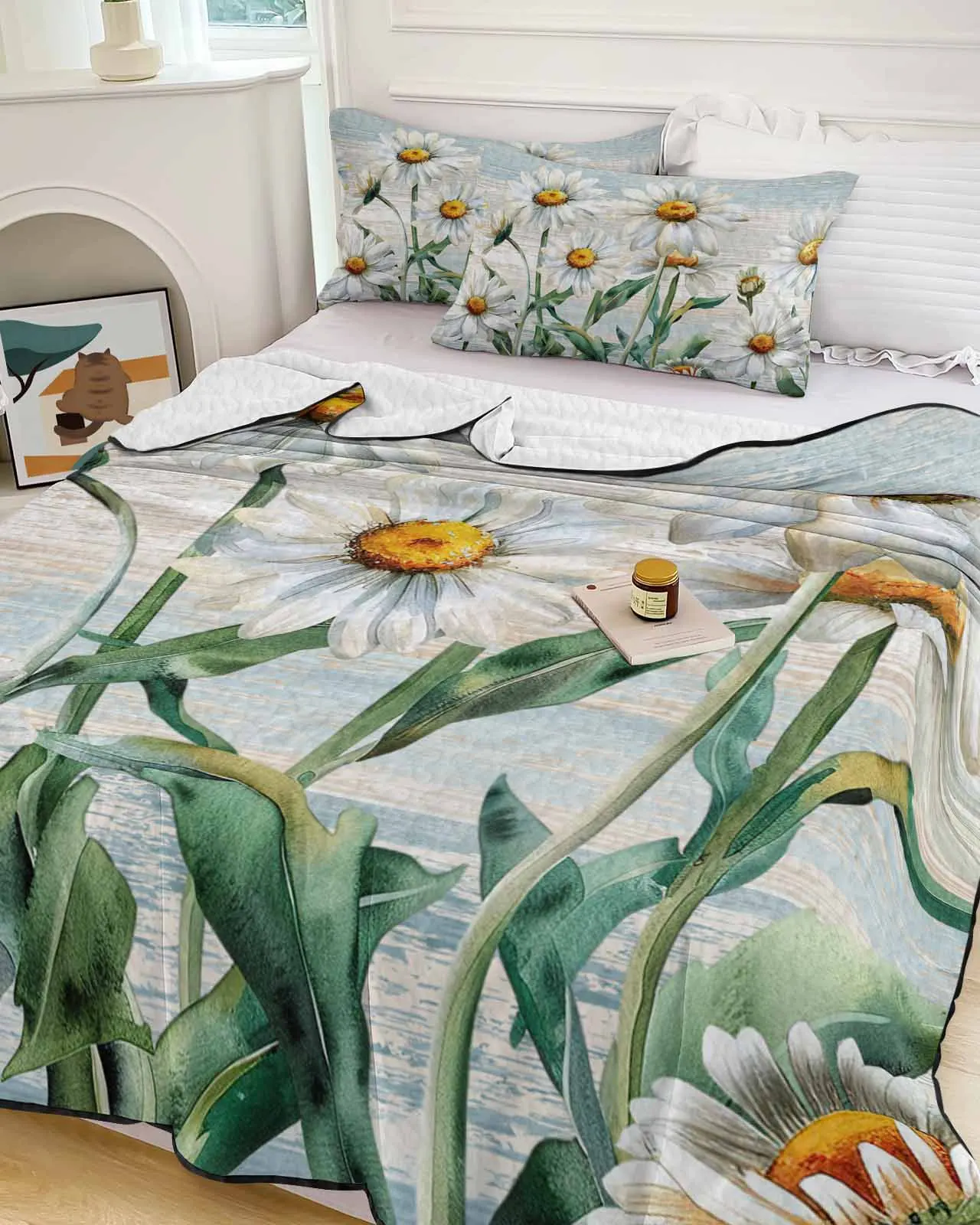 

Floral Plants Daisies Rural Retro Wood Grain Summer Cooling Quilt Air Condition Blanket Comfortable Lightweight Thin Quilt