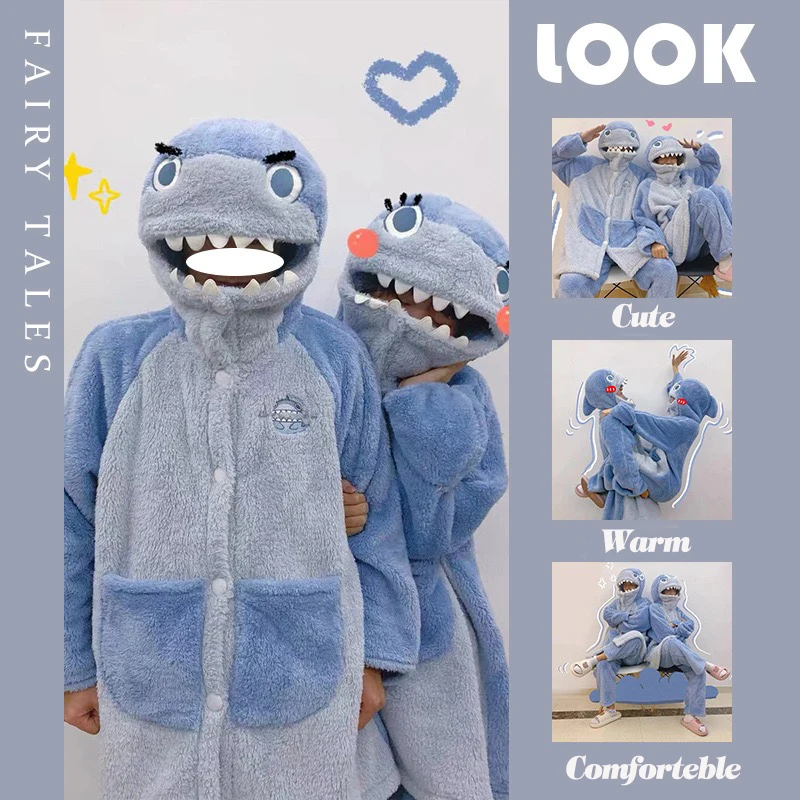 

Shark Homewear Men Women Robe Kigurumi Coral Fleece animal Onesies For Adults Cartoon Couple Clothes Pijama Cosplay Costume Suit