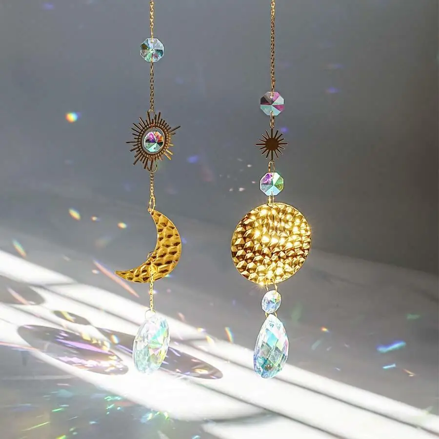 2 PCS Sun Moon Crystals suncatchers for Windows Sun Catchers Indoor Windows Rainbow Maker Car Mom Grandma Kids Garden Gifts