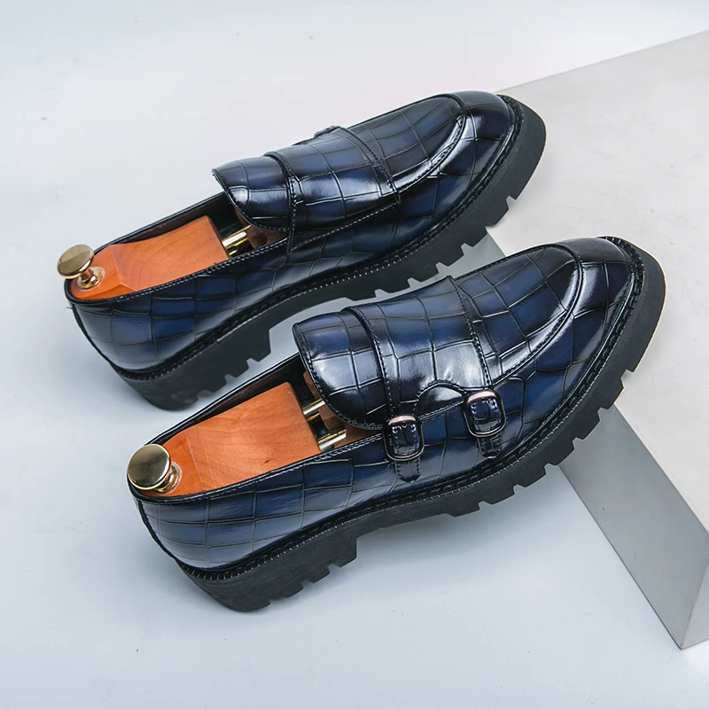 Leather Shoes English Style Double Button Loafers Mens Fashion Handmade Thick Bottom Loafers Man Party Wedding Shoes Spring Soft Moccasins
