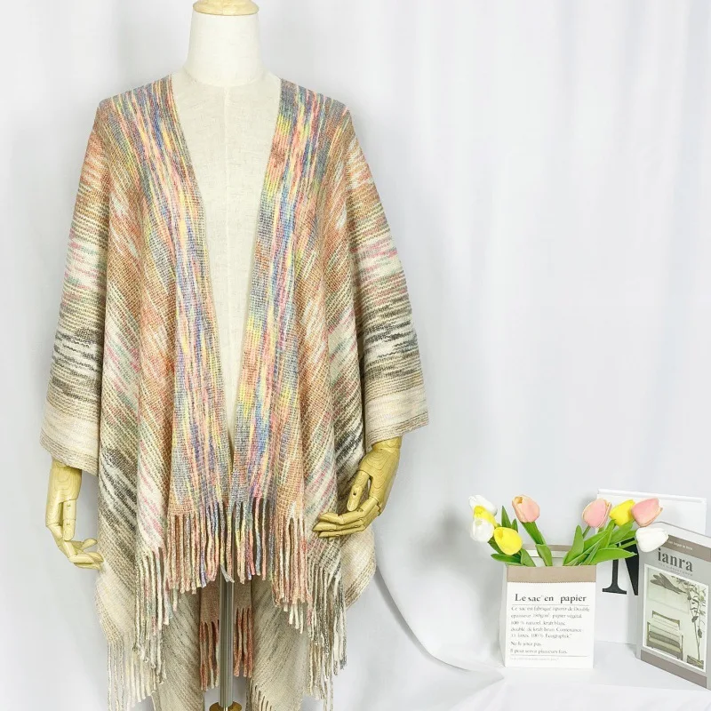 

New Ethnic Style Shawl Spring, Autumn and Winter Gradient Color Tassel Split Shawl