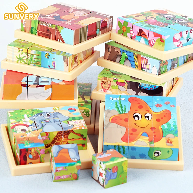 Puzzle Games Children 3 4 Wooden Cubes Jigsaw Puzzles Tray 9pcs Six 