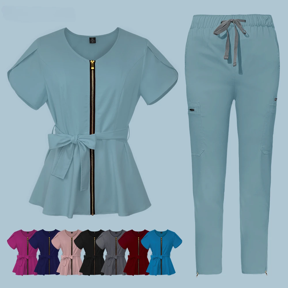 Doctor Nursing Dentistry Zipper Uniforms Medical Hospital Short Sleeved Scrubs Medical Uniform Women Tops+Pants pharmacy pet hospital nurse uniform scrubs set dentistry doctor overalls lab coat spa uniform medical surgical uniforms