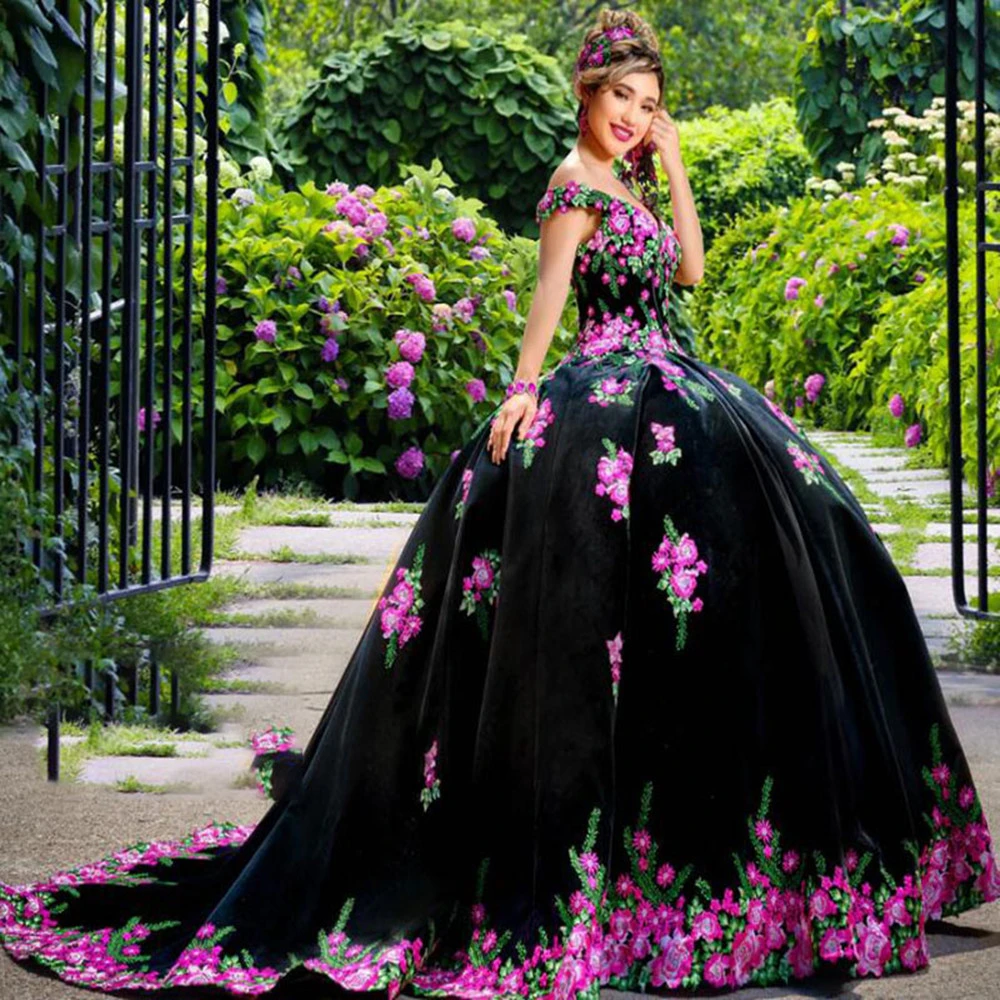Hermoso vestido negro de quinceañera mexicana 2022 Charro sin hombros  Florals dulce vestido de 16 años vestidos de 15 años| | - AliExpress