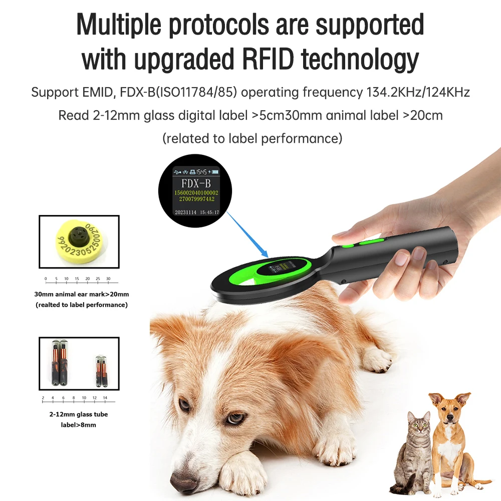 Animal Microchip Pet Tag Scanner ID Reader RFID Animal Labels Handheld Reader BT+USB+2.4G 240pcs Informations Storage Function