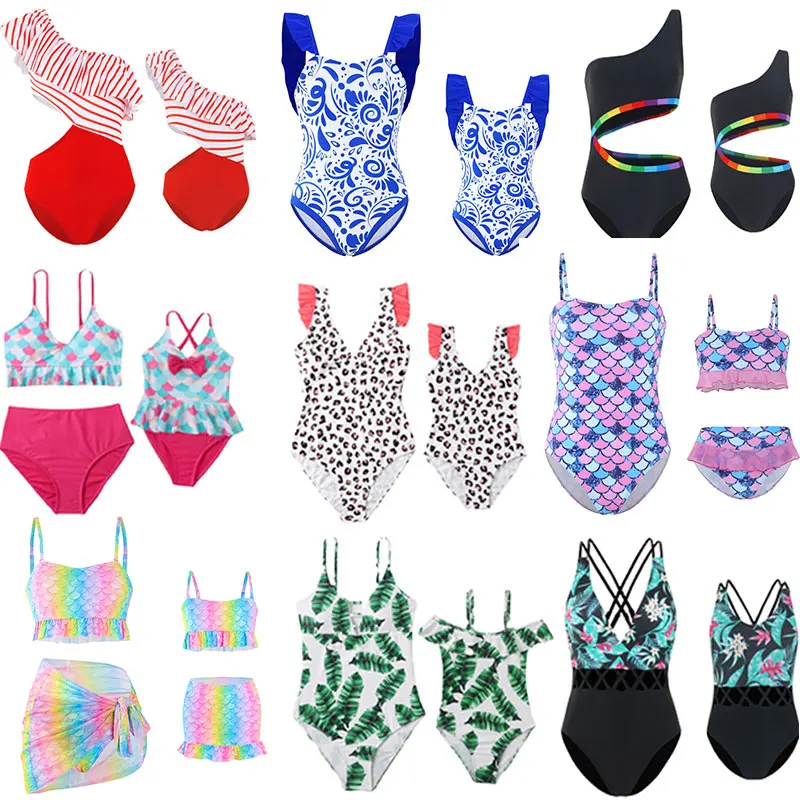 2024 Rainbow Mother Daughter Matching Swimsuits Family Set Mermaid Mommy and Me Swimwear 3pcs Women Girls Bikini Dresses Clothes 6