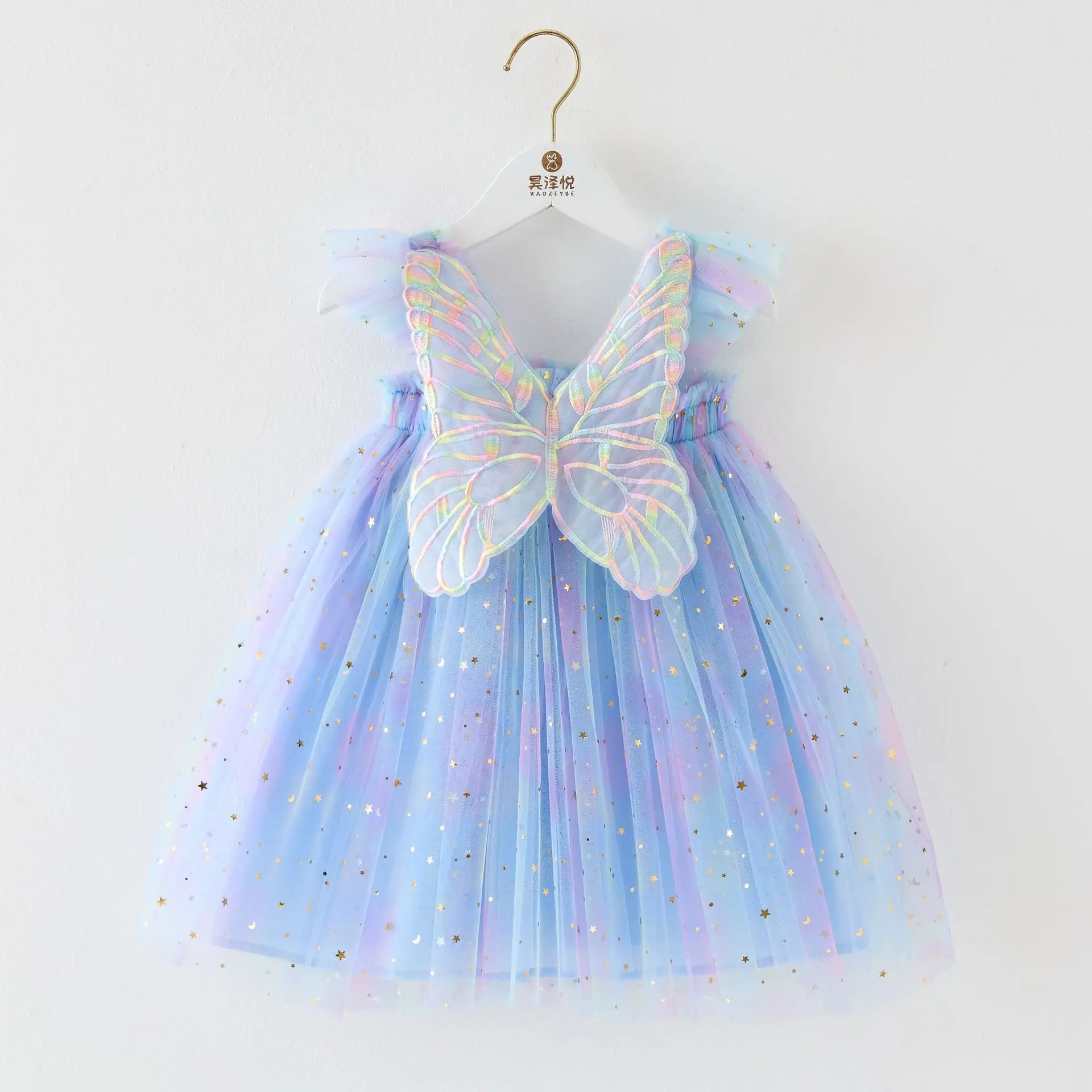 Children's Sequin Star Rainbow Mesh Wings Dresses Flying Sleeves Fluffy Dress Baby Photo Princess Dress