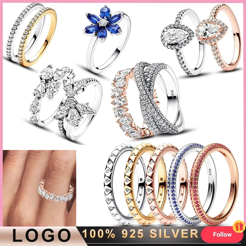 New Original Logo 100% 925 Silver Popular Women's Sparkling Blue Pear Flower ME Cone Ring Fashion DIY Charm Jewelry Gift