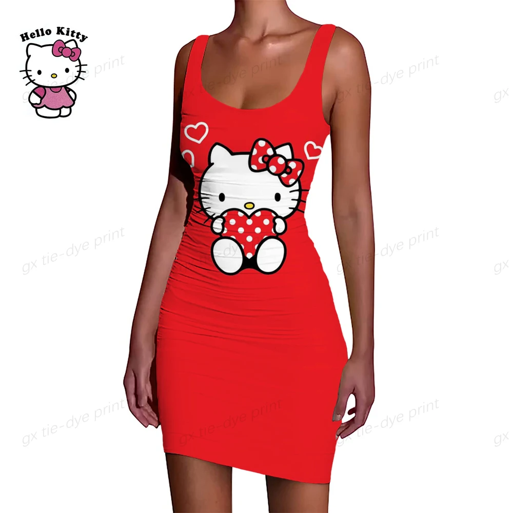 

Summer Round Neck Tight Skirt Casual Ladies Dress Sleeveless New Hello Kitty Print Short Dress Women Fashion Midi Skirt