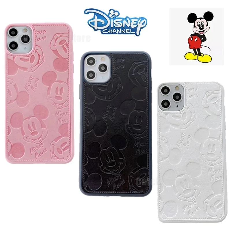 Disney Mickey Shell for IPhone 15 14 13 12 11 Promax Cute Cartoon Back Cover Soft Cover Leather Case for IPhone Couple Gifts