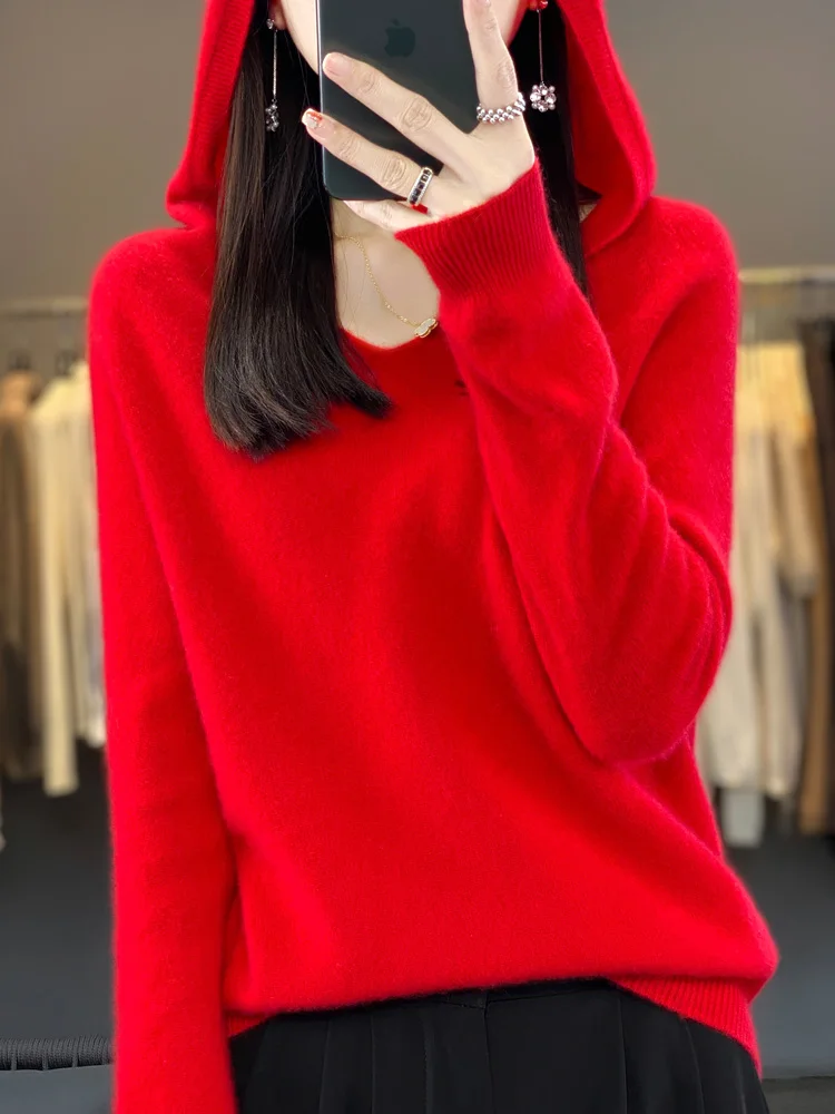 Hooded Cashmere Sweater for Women, 100% Merino Wool, Hooded Pullover, V-Neck Top, Women's Clothing Base, Winter and Autumn