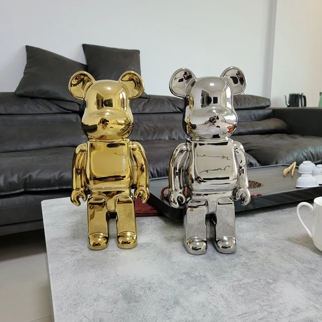 26cm Plating Bearbrick 400 Silver Statue Resin Bear Brick Sculpture Model  Room Home Decor Figures Decoration Statuette