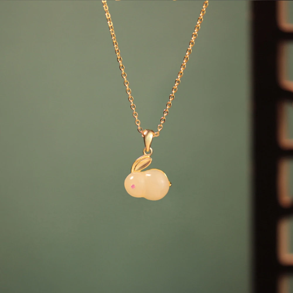 

2024 New S925 Sterling Silver Jade Rabbit Pendant Hotan Jade Pendant Gold Necklace Woman Chinese style