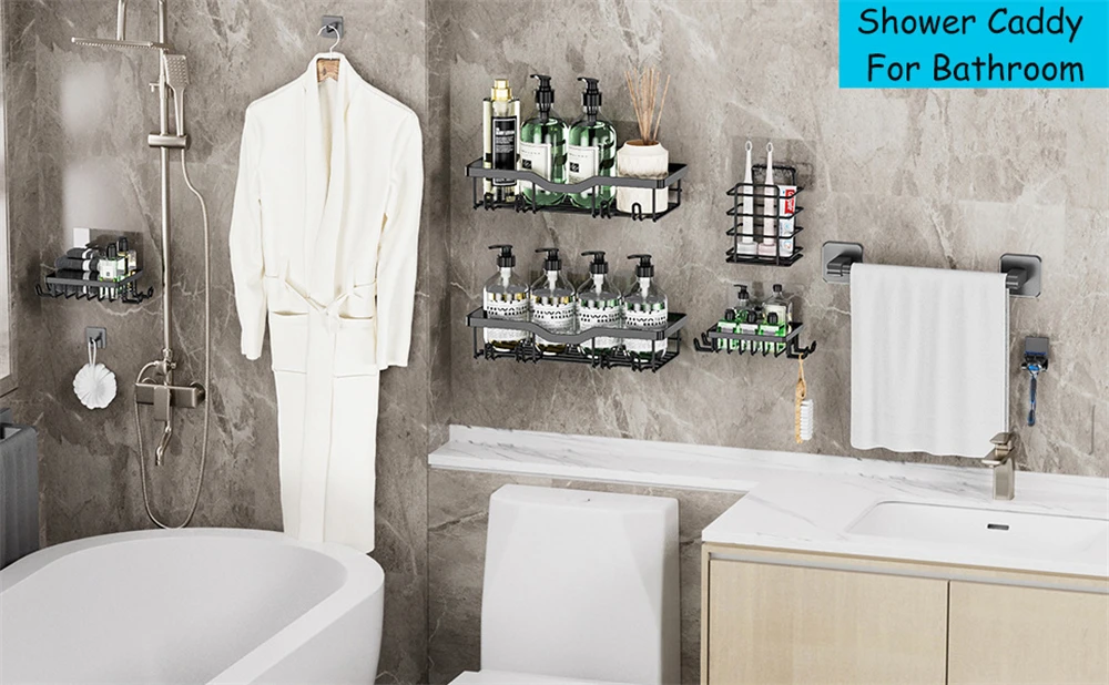 Description Picture 2 of item1 Piece Bathroom Facilities Hard-Fitting Bathroom Storage Rack Black Basket Wall Finishing Storage Accessories