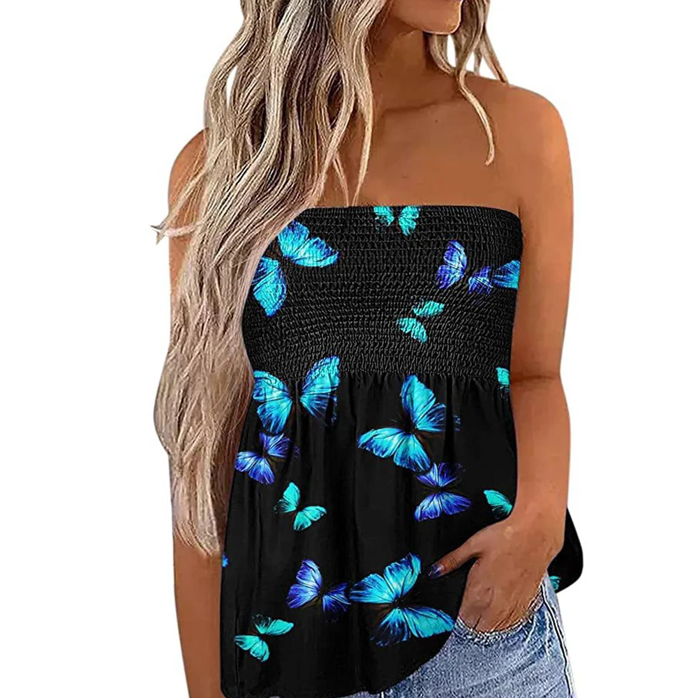 Women Feather Print Strapless Slim Fit Tshirt Vest