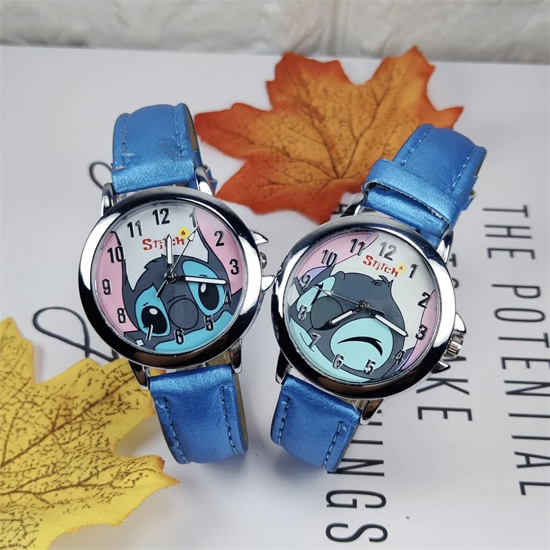 Disney Anime Stitch Watch Cartoon Children Watch Kawaii Stitch Figure Leather Quartz Wristband Toy Gift For Kids